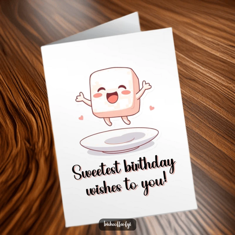 Funny Free Printable Birthday Card: A sugar cube character leaping with excitement onto a saucer.