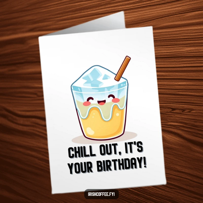 Funny Free Printable Birthday Card: A melting ice cube looks content and relaxed in a warm beverage.