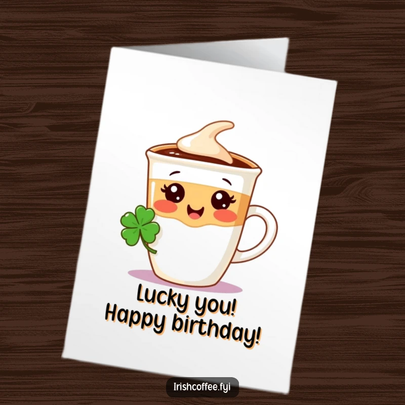 Funny Free Printable Birthday Card: Delighted coffee cup character wearing a tiny shamrock, wishing a lucky birthday.