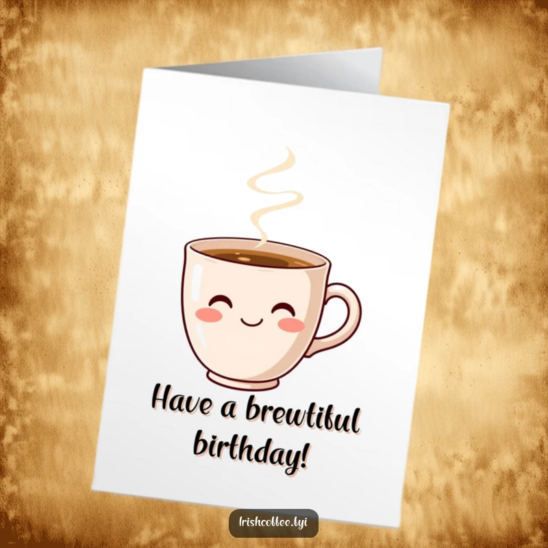 Funny Free Printable Birthday Card: Cute coffee cup smiling with steam, radiating warmth and birthday cheer.