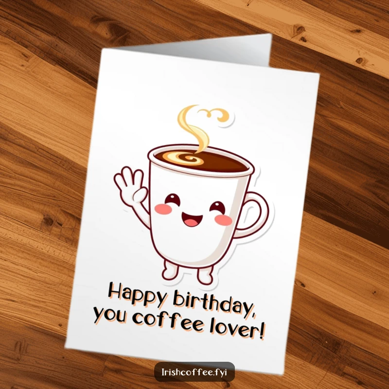 Funny free printable birthday card: A smiling coffee cup character giving a friendly, happy little wave to celebrate your birthday.