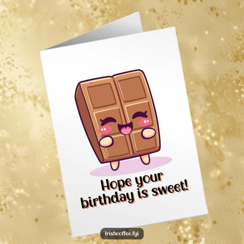 Funny Free Printable Birthday Card featuring a winking piece of chocolate doing a happy wiggle, full of birthday cheer.