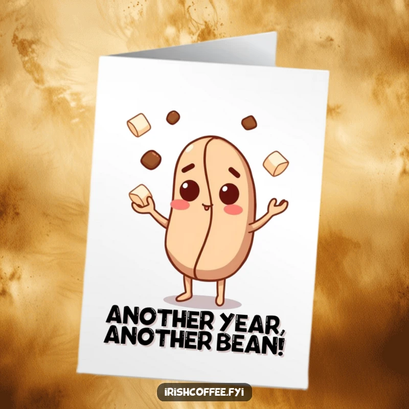 Funny Free Printable birthday card shows a curious coffee bean character expertly juggling tiny sugar cubes, full of cheer.