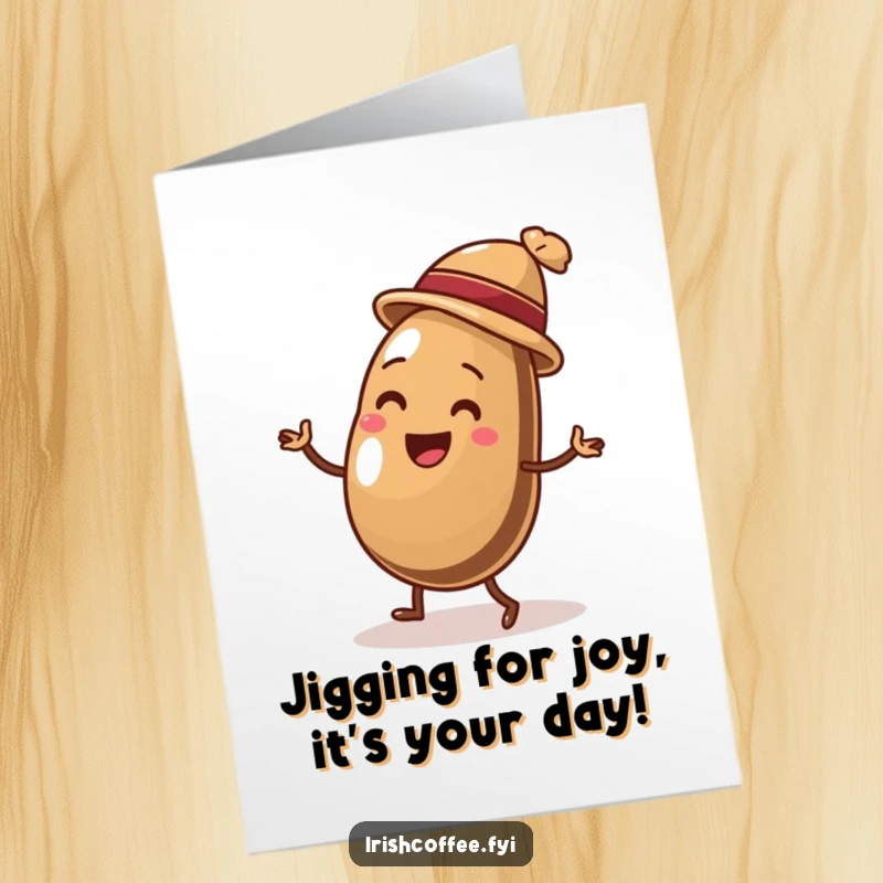 Funny Free Printable Birthday Card: Delighted coffee bean in a tiny hat doing a lively jig, perfect for coffee lovers.