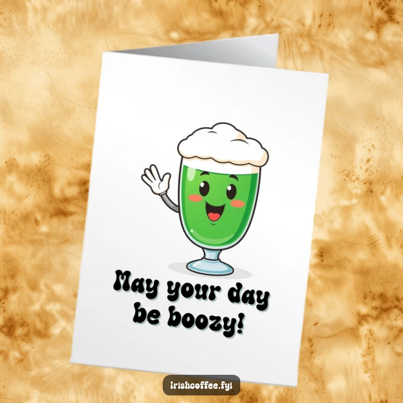 Funny Free Printable Birthday Card: Smiling Irish coffee glass character waving hello, perfect for a boozy birthday.
