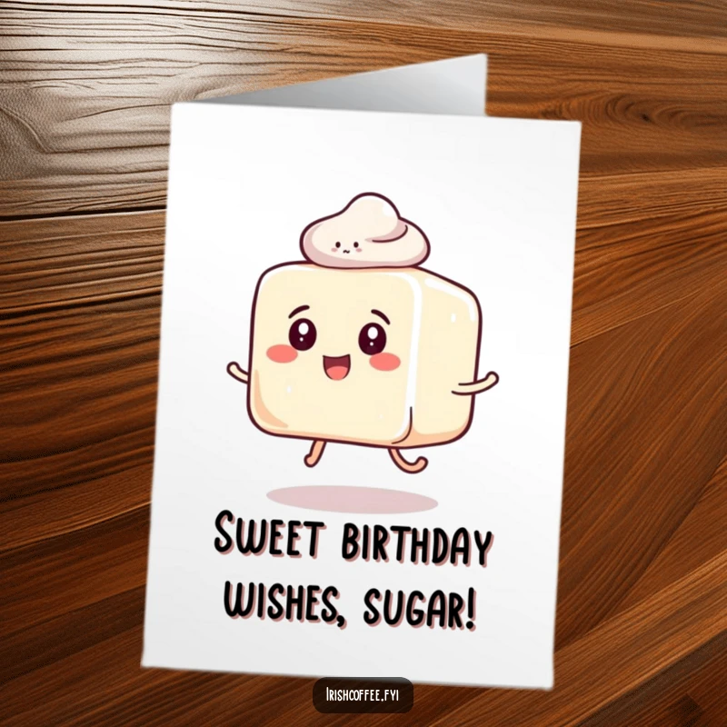 Funny Free Printable Happy Birthday card featuring a playful sugar cube with a grin, happily hopping with infectious joy.