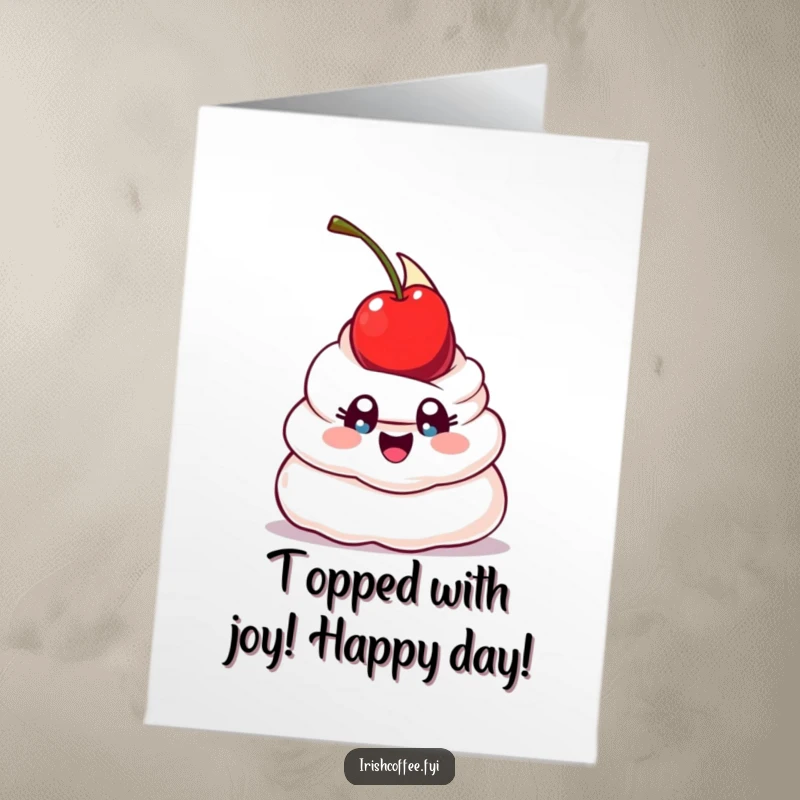 Funny Free Printable Birthday Card: A happy whipped cream dollop with wide, determined eyes, trying to balance a cherry.