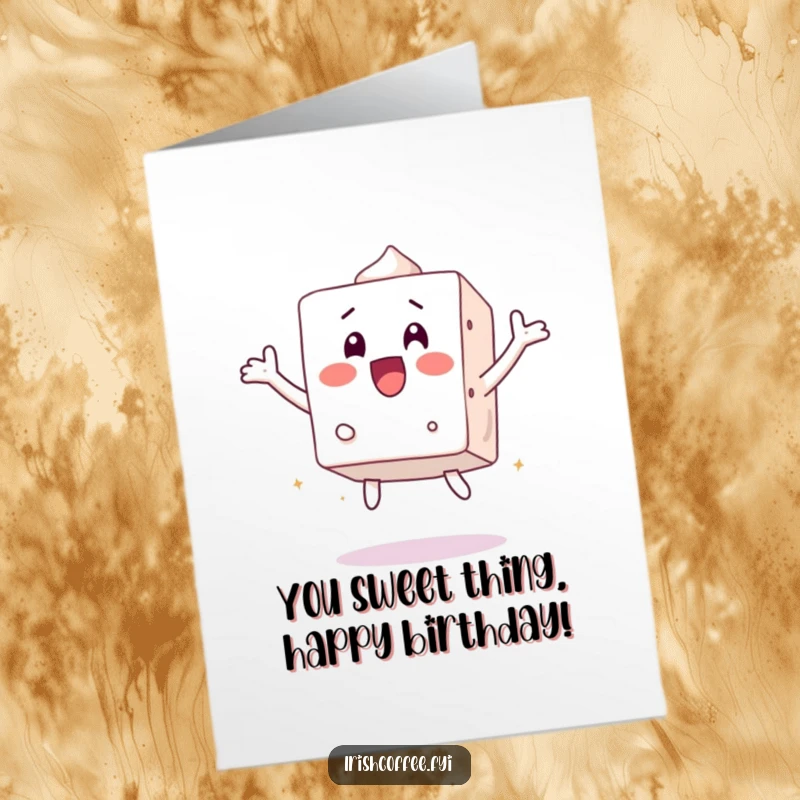 Funny Free Printable Birthday Card: A surprised sugar cube jumps energetically, perfect for a fun and unexpected birthday wish.