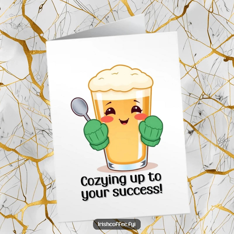 Funny Free Printable Congratulations Card with a cheerful Irish coffee glass in mittens, a delightful downloadable gift.
