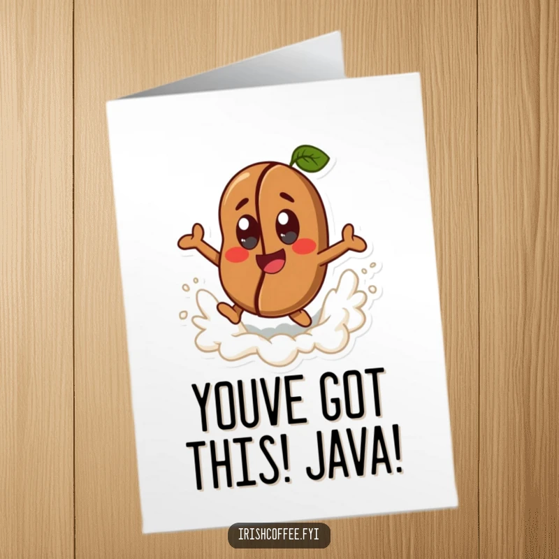 Funny Free Printable Congrats Card: Coffee bean character joyfully leaping from a frothy wave, inspiring congratulations art.