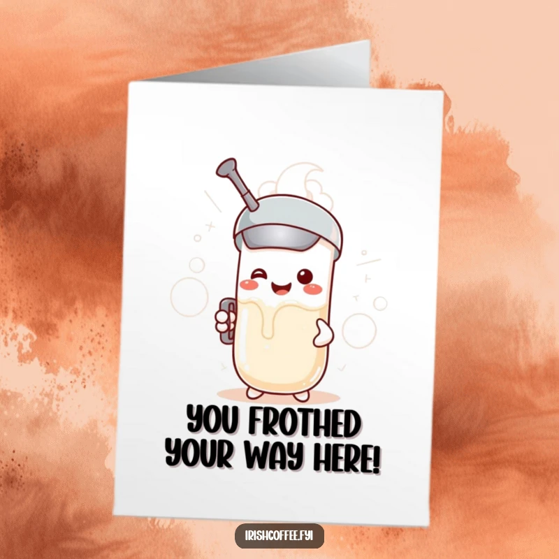 Funny Free Printable Congrats Card: A delighted milk frother character happily making energetic, foamy bubbles with excitement.