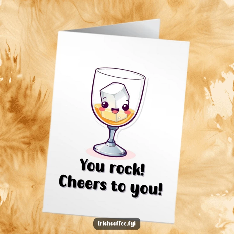 Funny Free Printable Congrats Card: A playful whiskey glass with an ice cube gleefully skipping towards celebration.