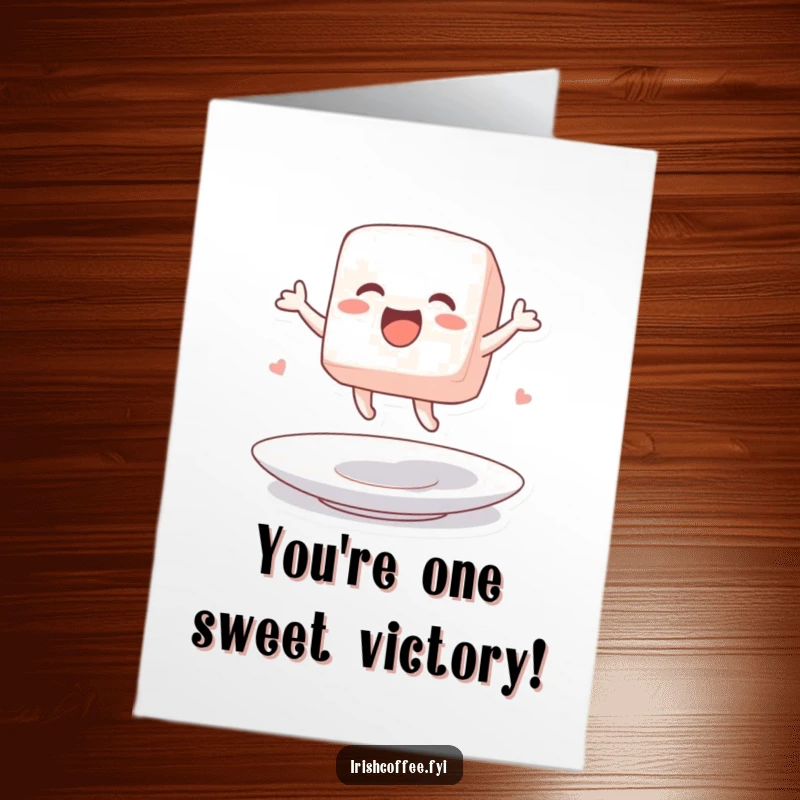 Free Printable Congratulations Card: A sugar cube character excitedly jumping high on a saucer.