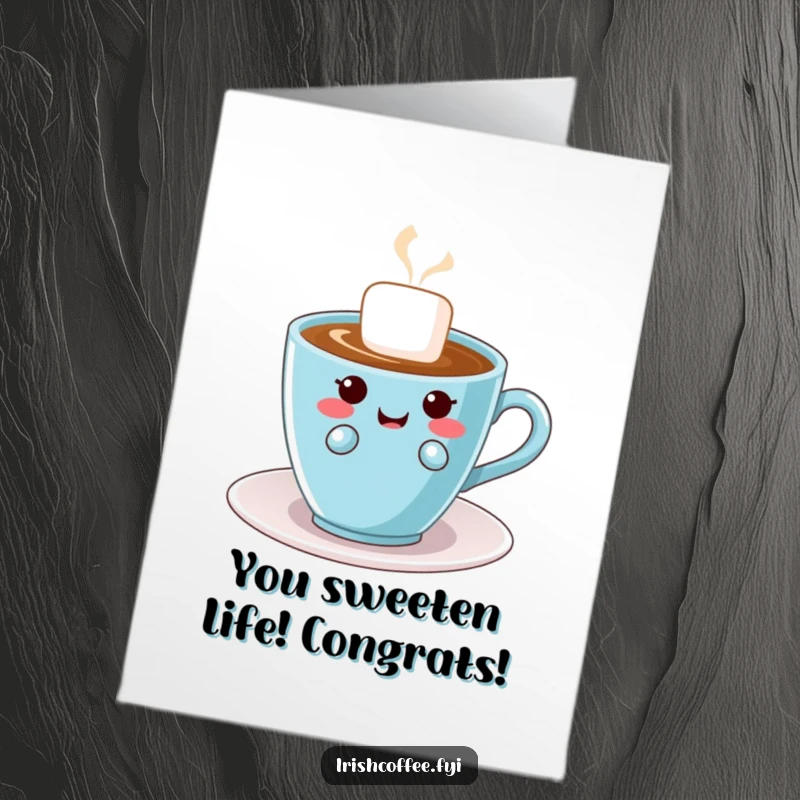 Funny Free Printable Congratulations Card: A giggling sugar cube floats near coffee, looking mischievous and playful.