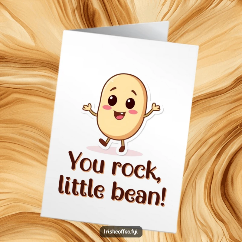 Funny Free Printable Congrats Card: Jolly coffee bean character tap dancing, celebrating a major achievement.