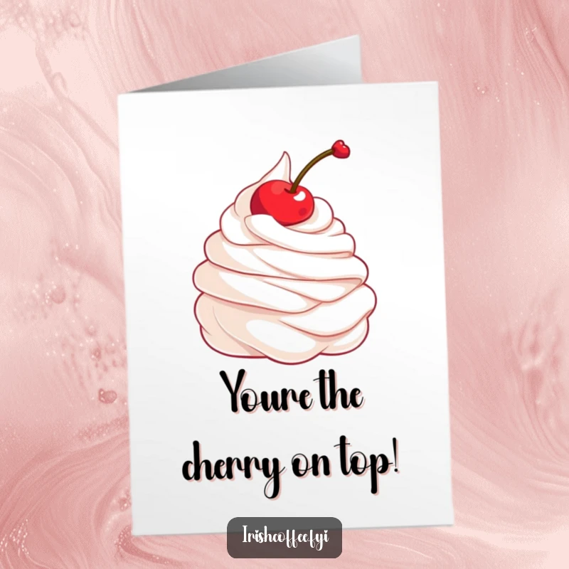 Free Printable Congratulations Card: A delighted whipped cream dollop with a cherry twirls with excitement, celebrating an achievement.