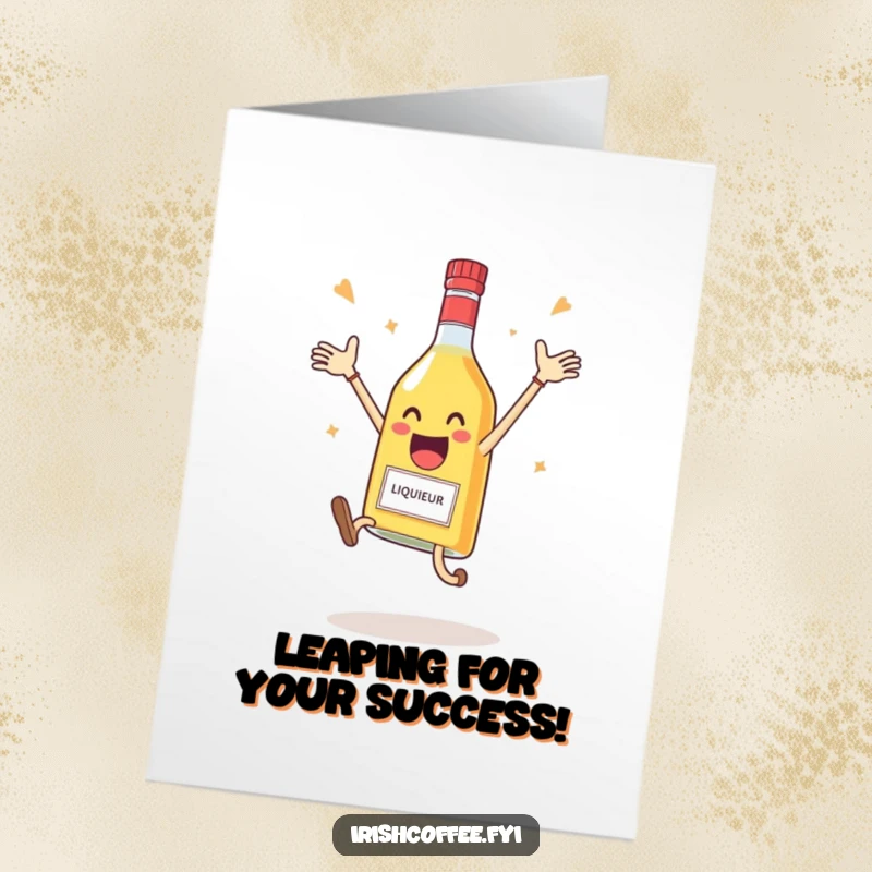 Funny Free Printable Congratulations Card with a delighted liqueur bottle doing a celebratory jump, a lively downloadable gift.