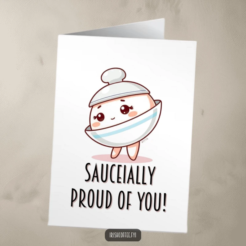 Funny Free Printable Congratulations Card with a charming saucer character tipping gracefully, offering elegant wishes for their achievement.