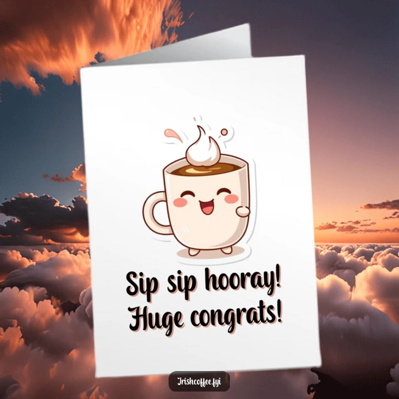 Funny free printable congratulations card: A cheerful mug character blissfully sipping coffee with sheer delight, celebrating an achievement.