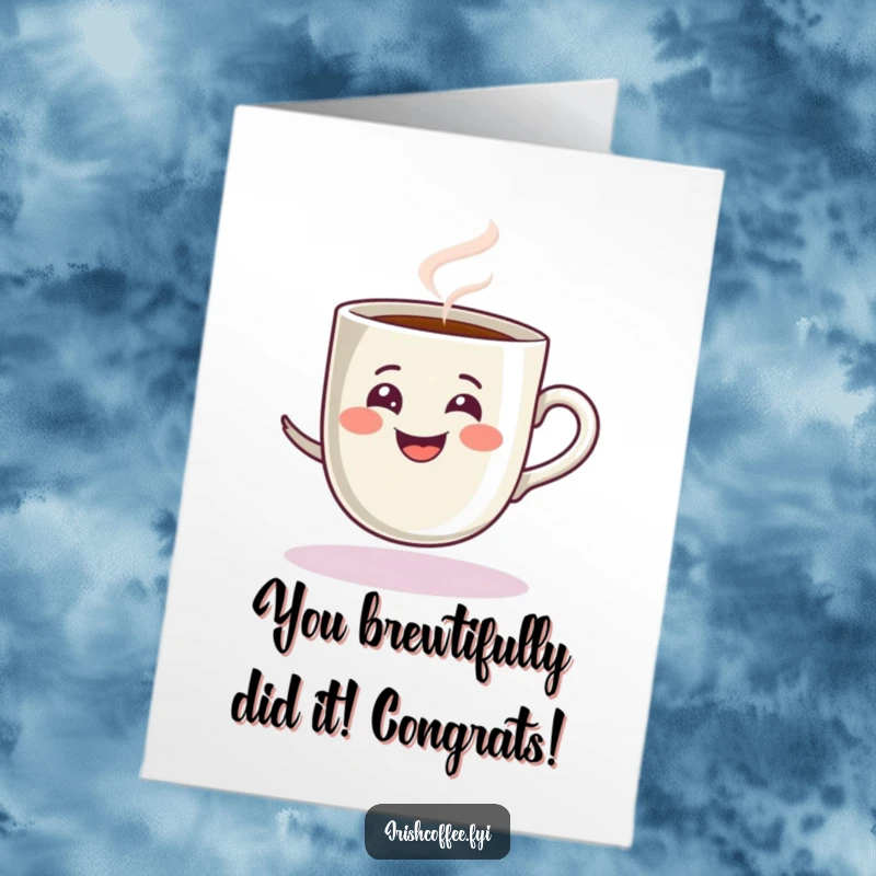 Funny Free Printable Congratulations Card: a steamy espresso cup does a playful spin, conveying excitement for wins.