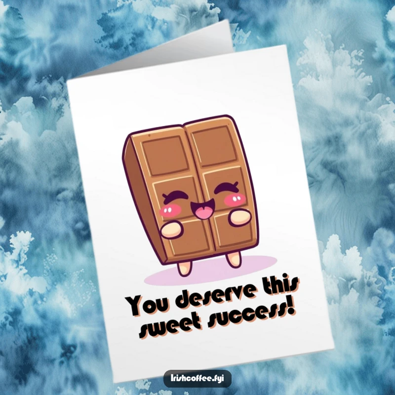 Funny Free Printable Congratulations Card: a winking piece of chocolate doing a happy wiggle to celebrate your sweet success.