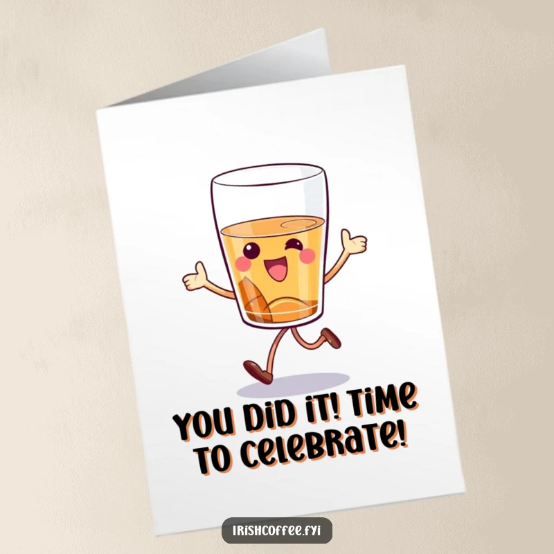 Funny Free Printable Congratulations Card showing a cheerful whiskey glass performing a lively hop, perfect for any achievement.