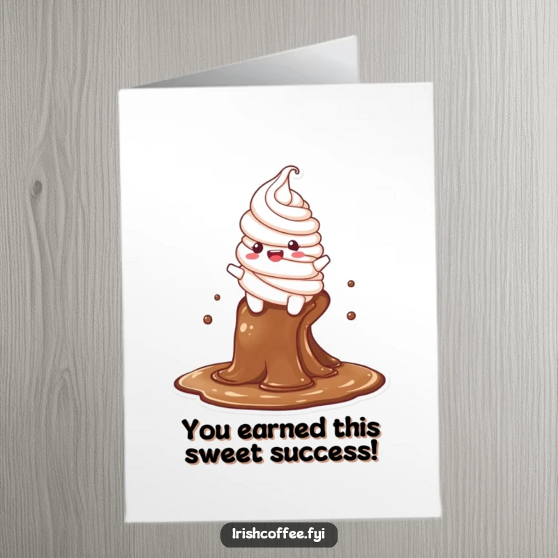 Funny Free Printable congratulations card with a whipped cream character joyfully sliding down a coffee stream.