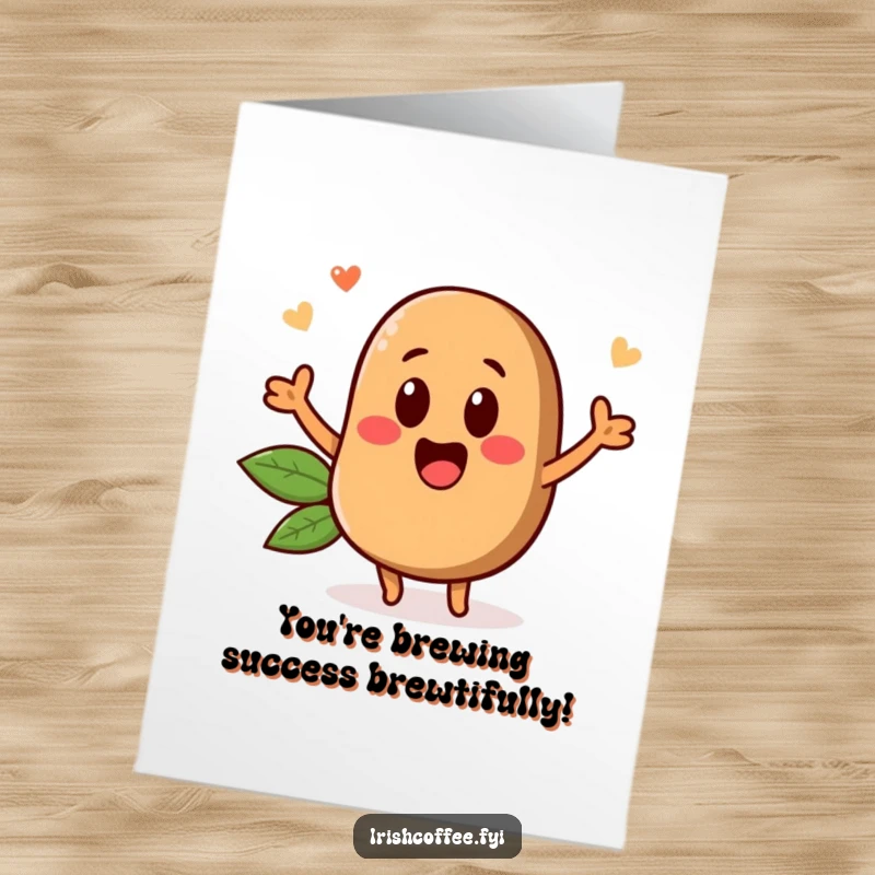 Funny Free Printable Congratulations Card showing a coffee bean character joyfully popping up to share good news.