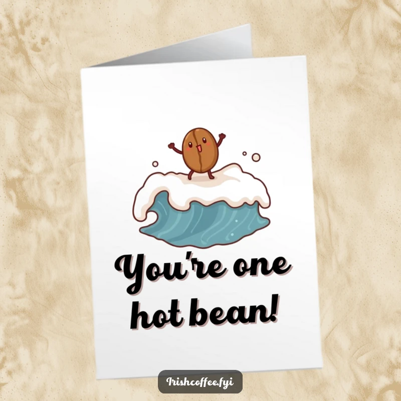 Funny free printable congratulations card featuring a coffee bean dancing on a frothy wave. A celebratory and energetic design.
