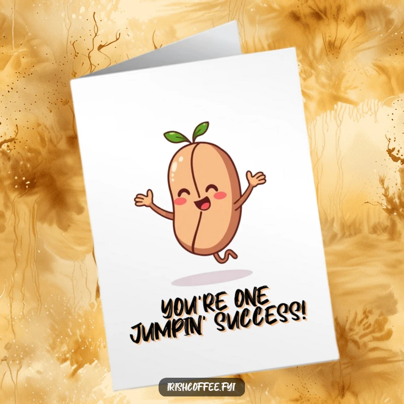 Free Printable Congratulations Card: A tiny coffee bean character doing an energetic, happy dance.