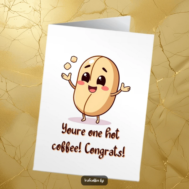 Funny Free Printable Congratulations Card: a happy coffee bean juggles sugar cubes, celebrating milestones with zest.
