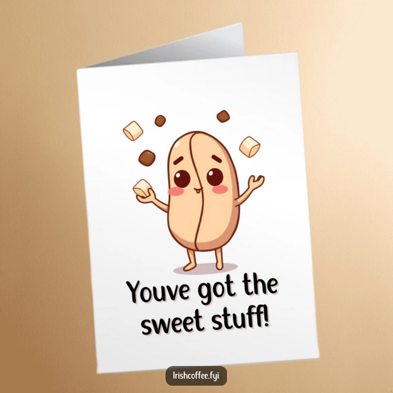 Funny Free Printable congratulations card featuring a curious coffee bean character juggling small sugar cubes with skill.