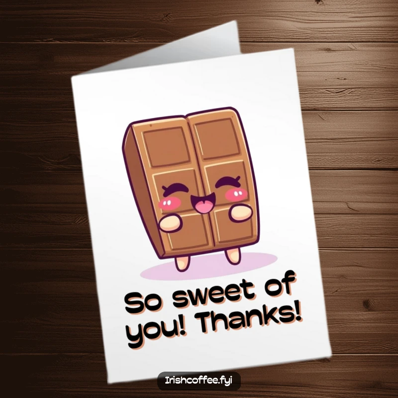Funny Free Printable Thank You Card depicting a winking piece of chocolate doing a happy wiggle, sending sweet thanks your way.
