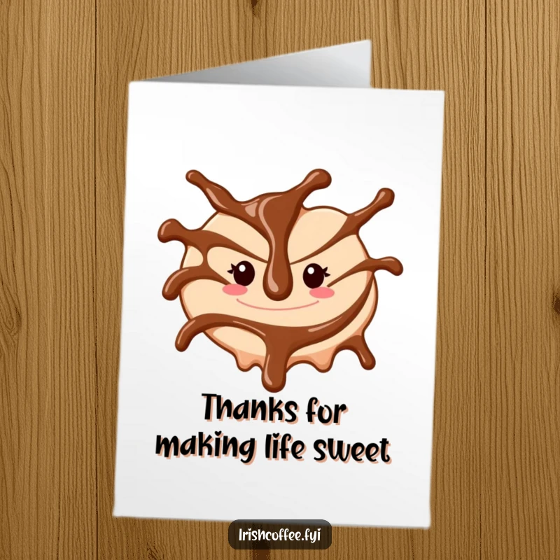 Funny Free Printable Thank You Card: A cheerful chocolate sauce drizzle swirls, conveying sweet and funny gratitude.