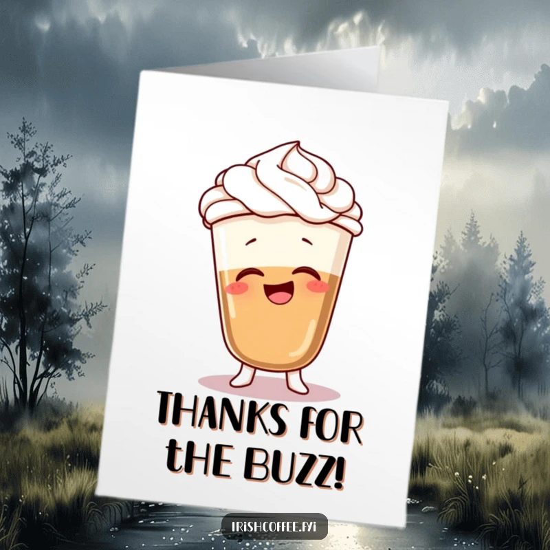 Funny Free Printable Thank You Card: A giggling coffee character with whipped cream hair wobbles, sending thanks with humor.