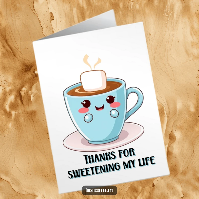 Funny Free Printable Thank You Card: A giggling sugar cube floats by coffee, looking mischievous and sweet.