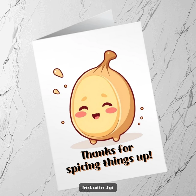 Funny Free Printable Thank You Card: A winking nutmeg grates itself, sending funny and witty thanks.