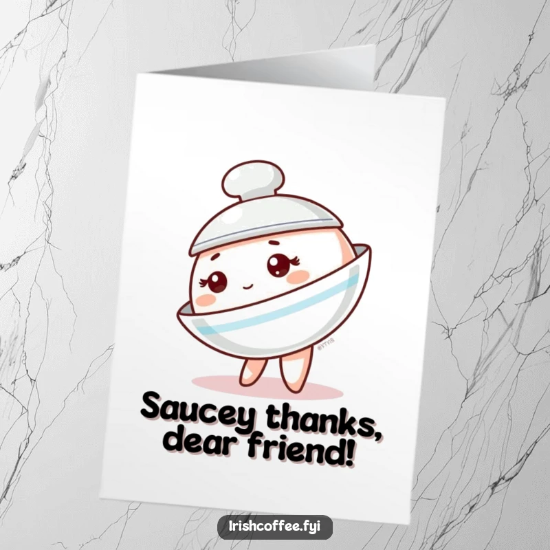 Funny Free Printable Thank You Card featuring a dainty saucer character playfully tipping to the side, conveying sincerity and charm.