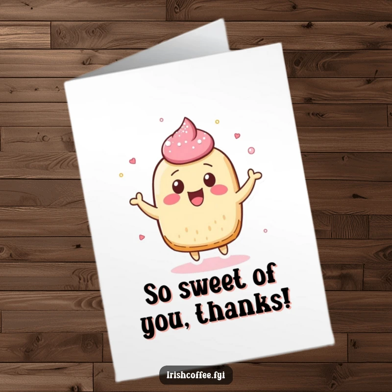 Funny Free Printable Thank You Card: A cheerful pastry character bounces with sugar dust flying, expressing sweet gratitude.