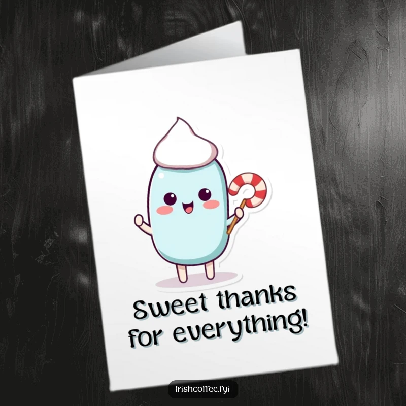 Funny Free Printable Thank You Card: Playful stir stick character offering a candy cane, expressing gratitude.
