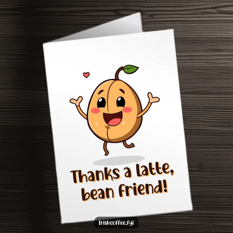 Funny Free Printable Thank You card featuring a joyful coffee bean with a wide grin, captured mid-jig, radiating happiness.