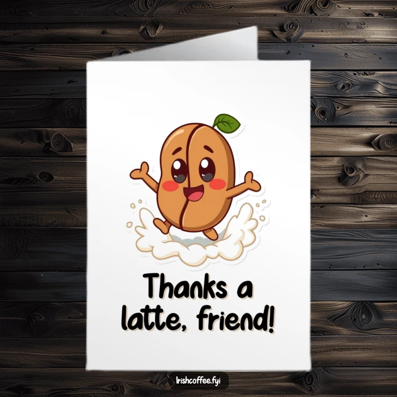 Funny Free Printable Thank You Card: Happy coffee bean character joyfully leaping from a frothy wave, cheerful thanks art.