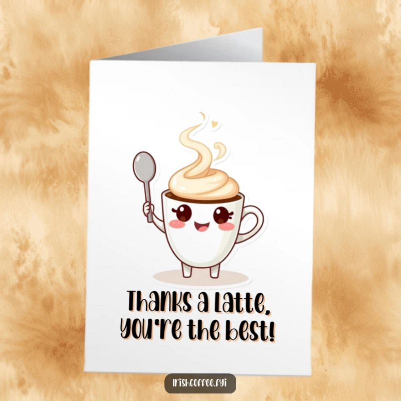 Funny Free Printable Thank You Card: A steaming coffee cup character cheerfully waving a spoon, expressing heartfelt gratitude.