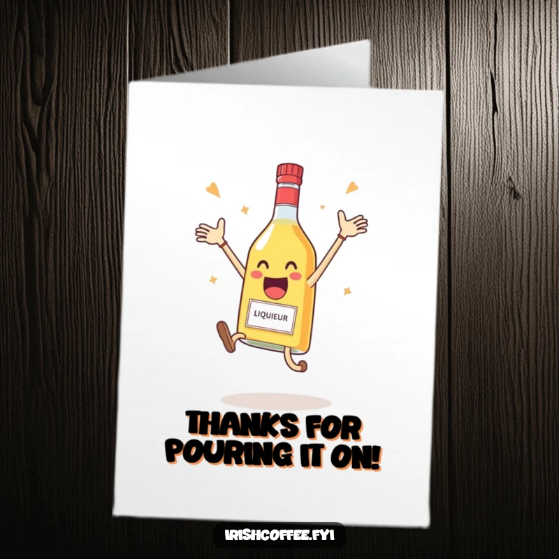 Funny Free Printable Thank You Card featuring a delighted liqueur bottle in a celebratory jump, a fun downloadable gift.