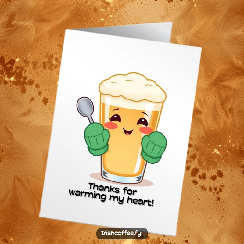 Funny Free Printable Thank You Card featuring a cheerful Irish coffee glass wearing mittens, a cozy downloadable gift.