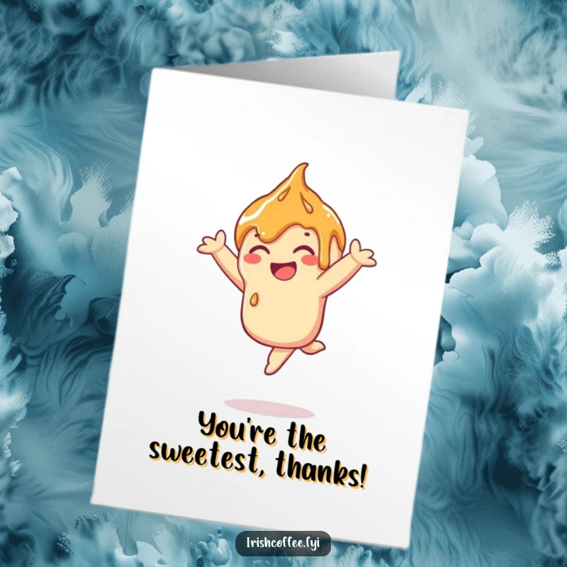 Funny free printable thank you card featuring a smiling caramel drizzle in a playful leap. Sweet and energetic gratitude.