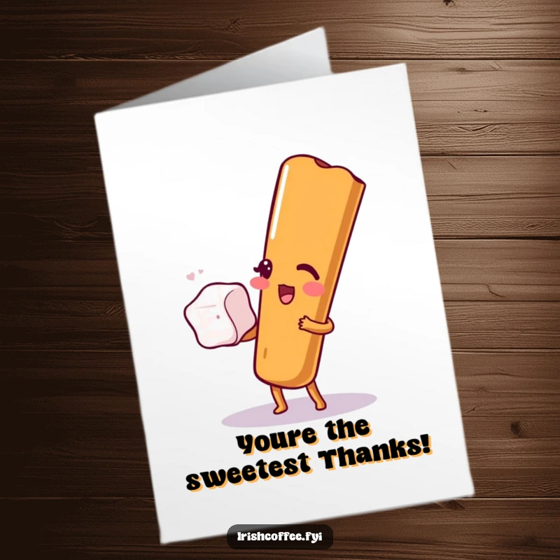 Funny Free Printable Thank You Card: A happy cinnamon stick winks playfully while balancing a sugar cube, sweetening your thanks.