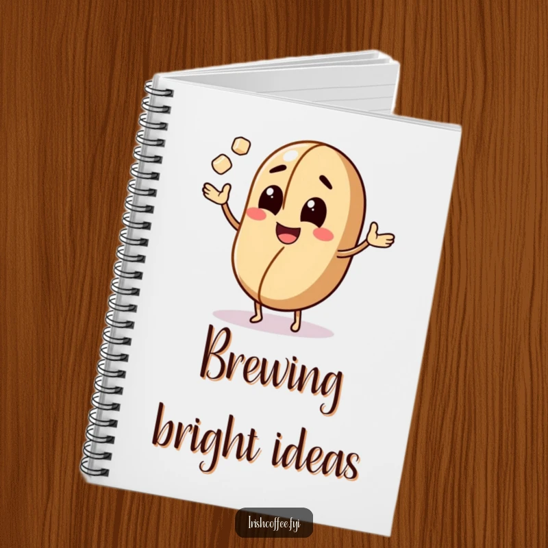 Funny notebook with a smiling coffee bean character juggling sugar cubes, perfect for note-taking with caffeinated humor.