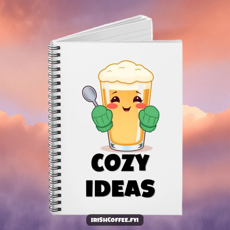 Funny notebook featuring a cheerful Irish coffee glass wearing tiny mittens and holding a spoon, perfect for writing.