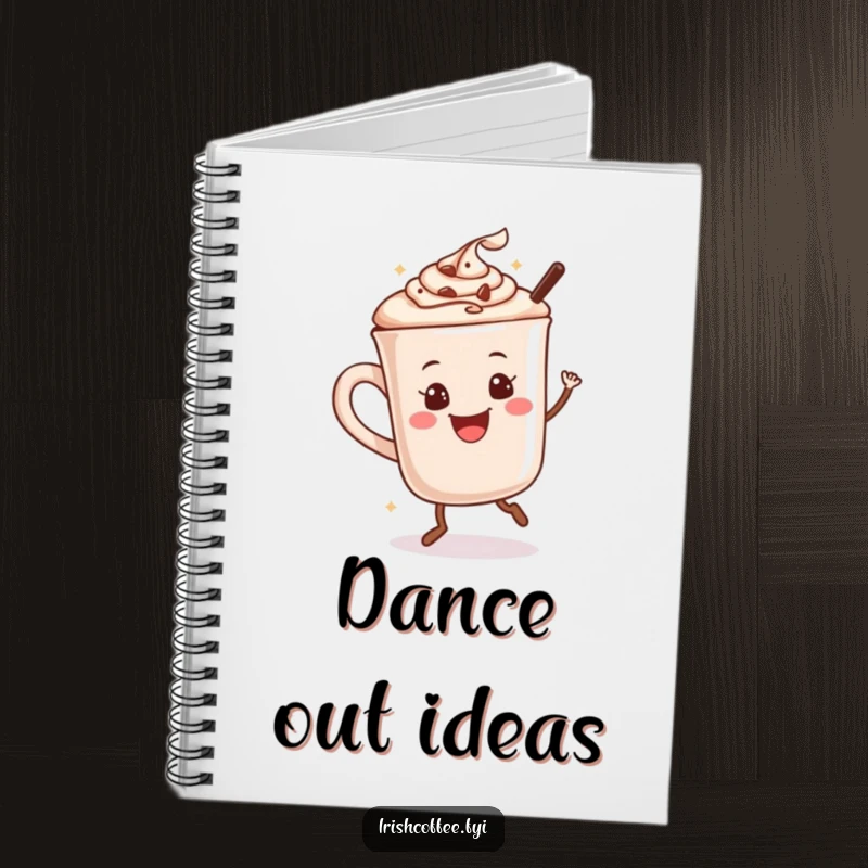 Funny notebook with a happy hot chocolate mug dancing, ready for your thoughts.